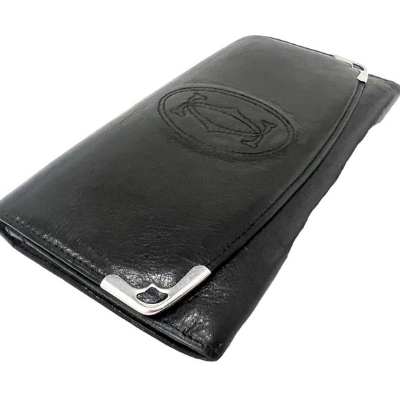 CARTIER: Black Leather Double C Logo Long Wallet #1300 - Picture 4 of 9